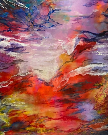 Encaustic with mixed medium painting titled Holi Celebration