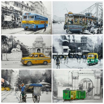 Acrylic on Canvas painting titled Charming Kolkata I - VI