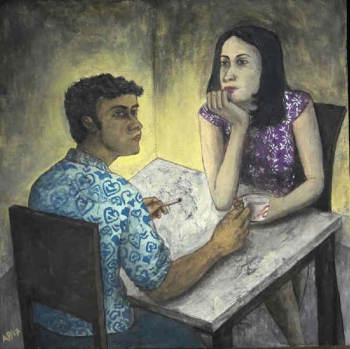 Tempera on Rice- papered Canvas painting titled At the Cafeteria I