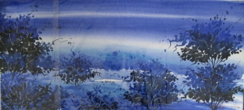 Watercolour on paper painting titled Blue Mist over the Valley