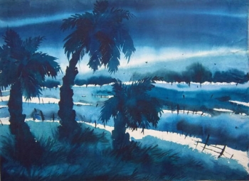 Watercolour on paper painting titled Silhouettes against the Sunset II