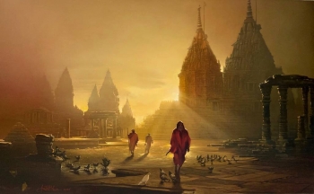 Oil & Acrylic on Canvas painting titled Sublime Sunlight at the Varanasi Courtyard