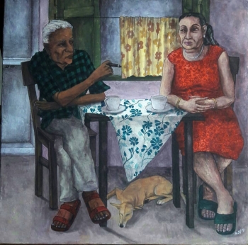 Tempera on Rice- papered Canvas painting titled Over a Coffee with the Beloved