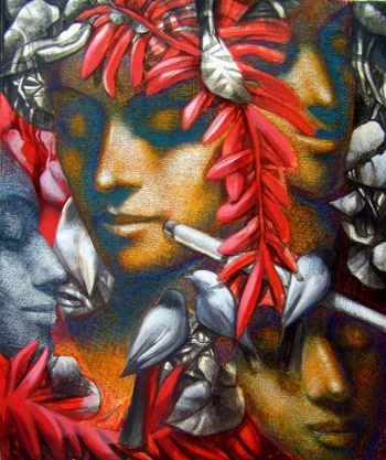 Mixed media on canvas painting titled The Flutist & His Admirers II