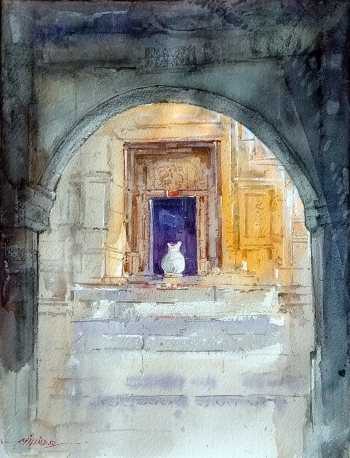 Watercolor - Daniel Smith painting titled Naroshankar Temple - Nashik INDIA