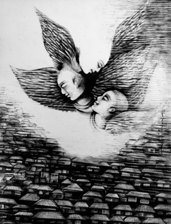 Charcoal on paper painting titled A new world - A